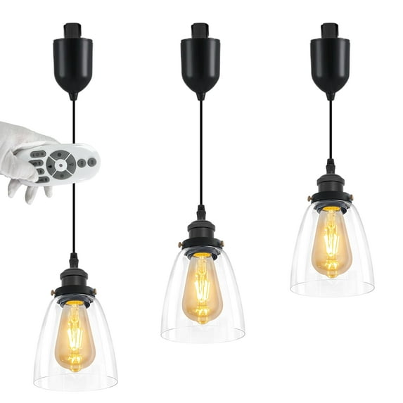 FSLiving Adjustable Height Remote Control J-Type Track Pendant Light,E26 Matte Black Socket with Clear Glass Cone Shade,2200K-6500K Dimmable Timer Decorate Industrial Lamp for Dinning Table - 3 Lights