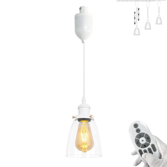 FSLiving Adjustable Height Remote Control J-Type Track Pendant Light,E26 White Socket with Clear Glass Cone Shade,2200K-6500K Dimmable Timer Decorate Industrial Lamp for Dinning Table - 1 Light