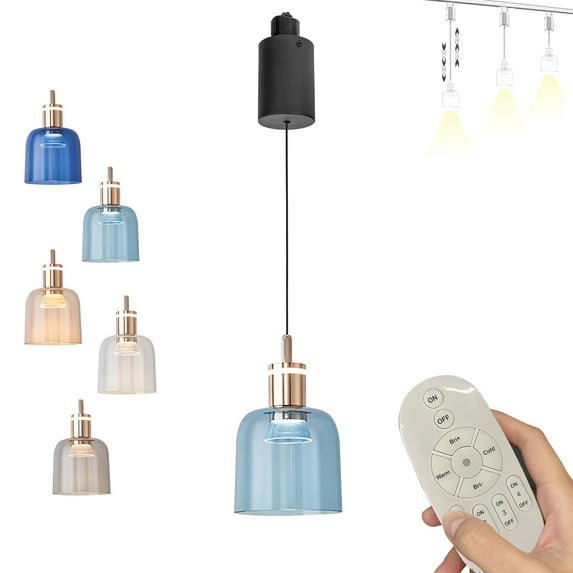 FSLiving Adjustable Height Track Pendnat Light J-Type Retractable Lift Light by Remote Control with Stepless Dimming Macaron Dome Lamp for Indoor Kitchen Island,Sky Blue - 1 Light