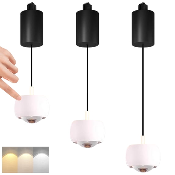 FSLiving Adjustable Height Track Pendnat Light J-Type Retractable Lift Track Dimmable LED Light Touch Dimmer Indoor Island Light Globe Accent 3 Colors Mini Up-Downlight Lamp, White - 3 Lights