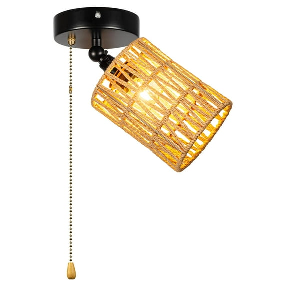 FSLiving Adjustable Light, Zipper Switch 12V RV Industrial Twine Natural Boho Hollow-carved Designed Rattan Shade, E12 Socket Semi Flush Mount Interior Lighting Decorative for RV Camper Hallway