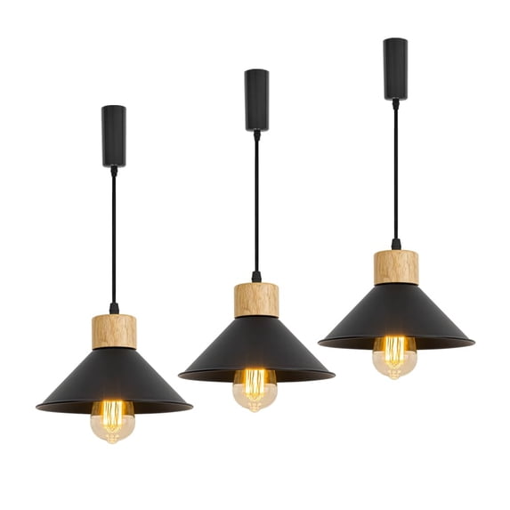FSLiving Adjustable Wire Length H-Type Track Pendant Light E26 Wood Base Retro Black Metal Shade 8.7" for Pantry Farmhouse Bar Sink (Bulb & Ceiling Track Sold Separately) - Set of 3