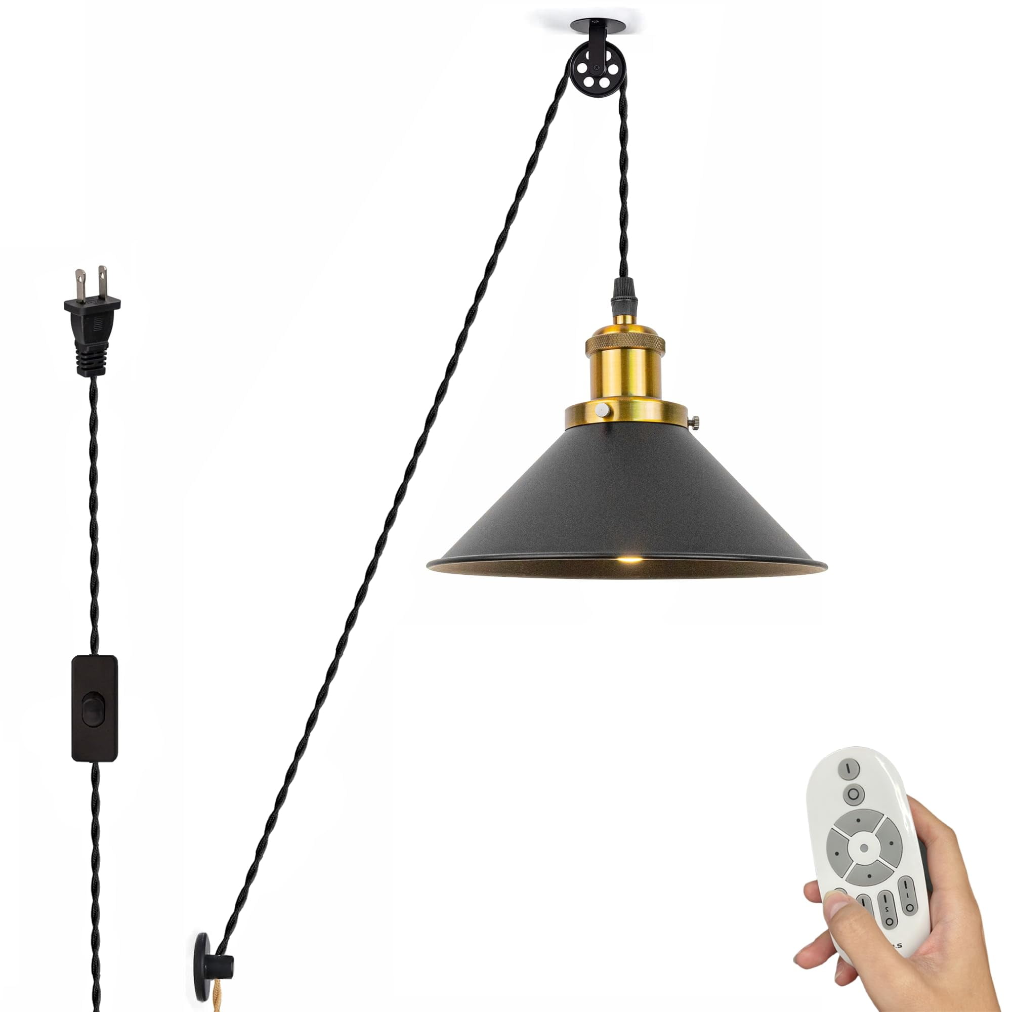 SKIVTGLAMP Swag Handing Indtrial Style Pulley Design Pendant Lamp With 15ft Plug-in Dimmer Switch Cord Black Iron Mini Circular Shade With Wheel For Living Room Vintage Farmhoe No Wiring Needed