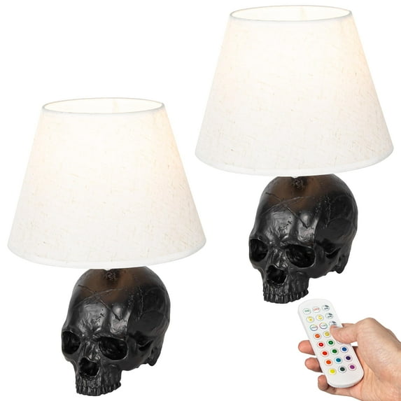FSLiving Art Skull Lamp White Fabric Shade Cone Shape Table Lamp Rechargeable Battery Operated Bulb by Remote, Wireless Timer and 15 Color Temperature, Dimmable Gothic Ossuary Macabre Accent