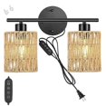 thumbnail image 1 of FSLiving Automatically Twine Natural Rattan Wall Lamp with USB Outlet Modern Adjustable Wall Sconces Plug-in Cord Dimmer Timer Plant Light 2 Heads Book Lamp for Rental Storey Bedroom Balcony, 1 of 8