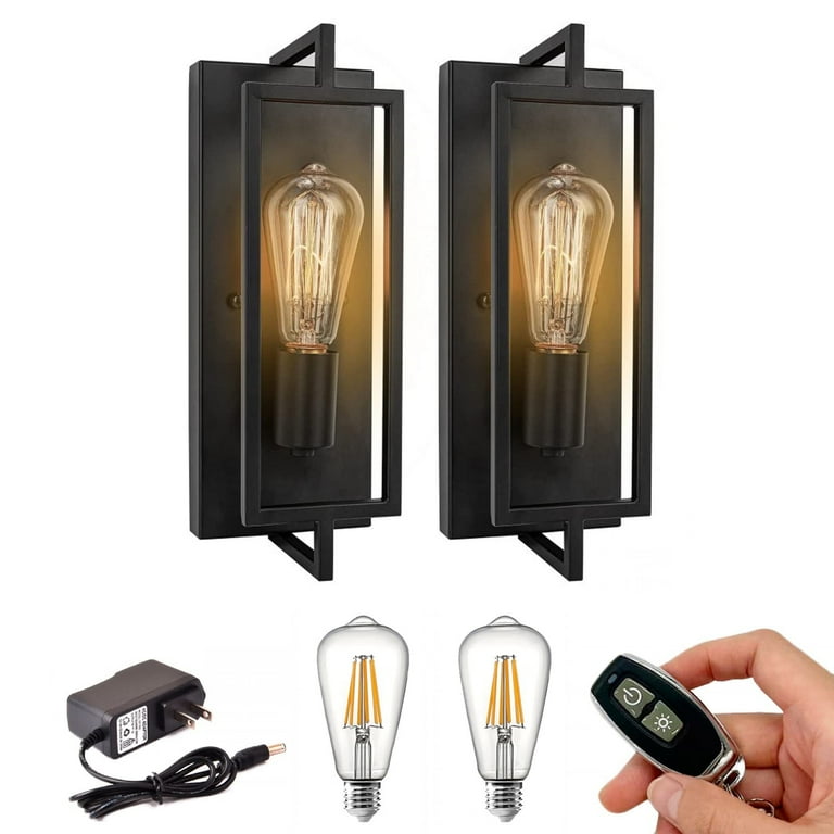 FSLiving Battery Operated Wall Lamp Industrial Black Metal Wall Sconces Vintage Wall Lighting Fixtures Wall Mounted Lamp for Living Room Bedroom