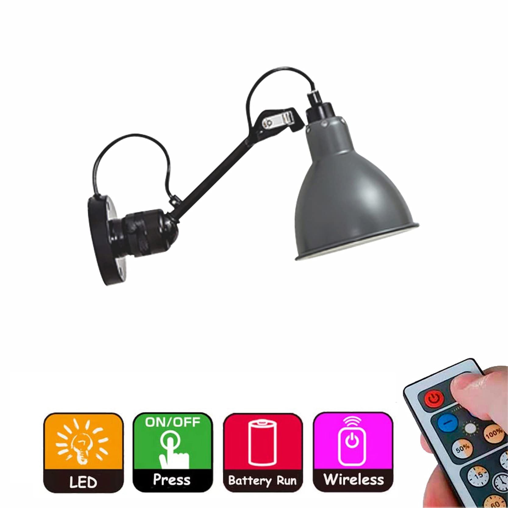 FSLiving Battery Operated Wall Sconces Wireless Grey Metal Shade Wall Lamp Industrial Adjust Up