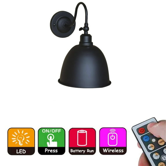 FSLiving Battery Operated wall Sconces 55 Lumens LED Remote Control Dimmable Timing Cordless Retro Style Black Metal Wall Lamp Easy to Install for Corridor Dorm Nightstand (No Battery) - 1 Light