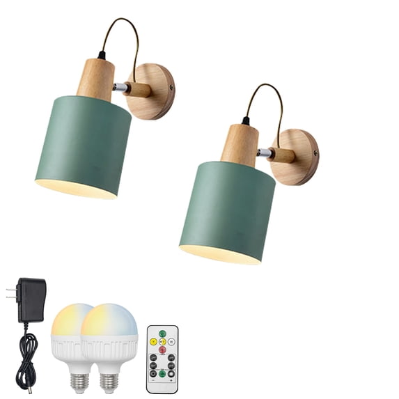 FSLiving Battery Opertaed Wall Sconce Wireless Remote Control Lamp Rechargeable Stepless Dimming LED Bulb Macaron Green Color Wall Light Fixture Nightstand Lamp for Reading Dorm Stairways - Set of 2