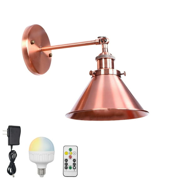FSLiving Battery Opertaed Wall Sconce Wireless Remote Control Lamp Rechargeable Stepless Dimming LED Bulb Retro Design Red Bronze Metal Wall Light Fixture Nightstand Lamp for Indoor - 1 Lamp