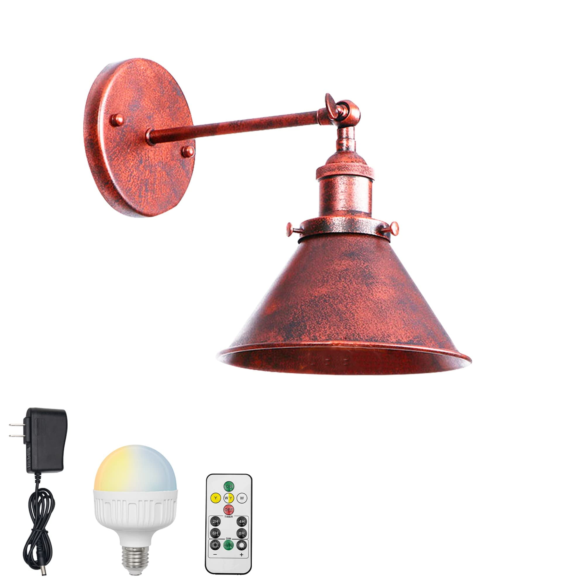 FSLiving Battery Opertaed Wall Sconce Wireless Remote Control Lamp Rechargeable Stepless Dimming LED Bulb Retro Design Rust Metal Wall Light Fixture Nightstand Lamp for Reading Stairways - 1 Lamp