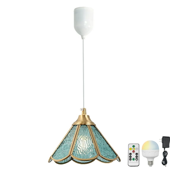 FSLiving Battery Rechargeable Operated Pendant Light with Remote,Tiffany Hanging Light with Macaron Blue Cone Glass Shade,Adjustable Height RGB Color,Timer,Dimmable Lamp for Corner Decor - 1 Light