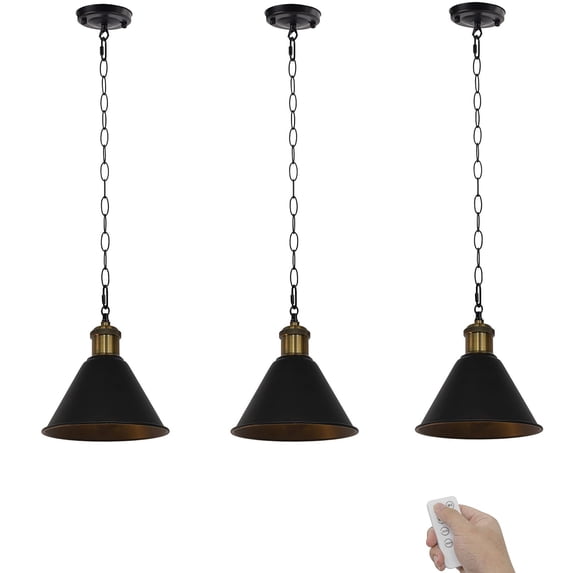 FSLiving Battery Run USB Charging Dimmable Remote Control 5V LED Pendant Lighting Industrial Style Copper Base Black Metal Light Fixture for Laundry Dorm Bedroom Easy to Install-3 Lights