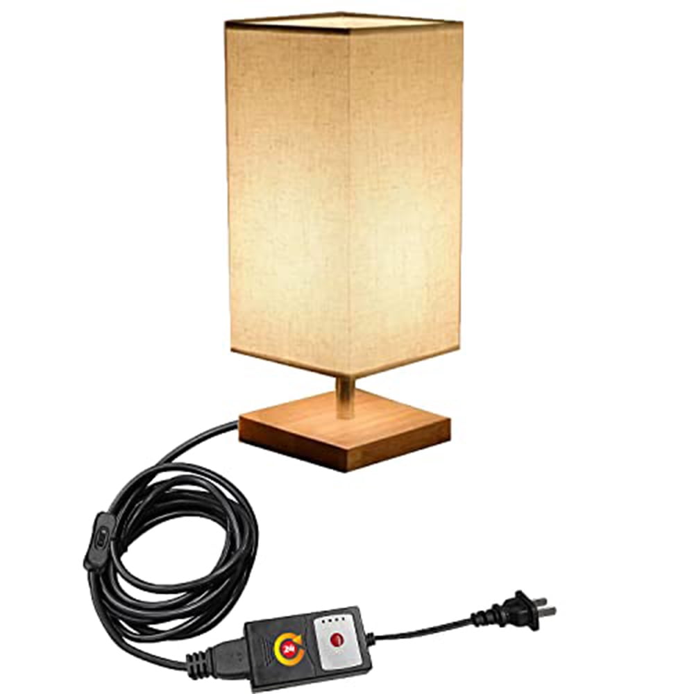 FSLiving Bedside Lamp with Timer Plug in Desk Lamp for Bedroom Wood Decor Nightstand Lamp with Square Fabric Shade for Living Room,Dorm,Home Office - Bulb Not Included - 1 Pack