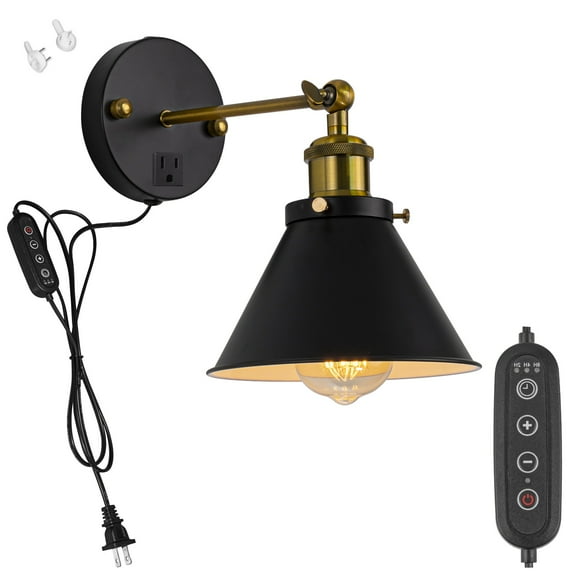 FSLiving Black Metal Wall Sconce with 3 Prong Outlet Dimmable and Adjustable Angle Wall Lamp Lighting Fixture with 5.9ft Plug in Cord Small Nightstand Light for Dresser Bedroom - 1 Pack
