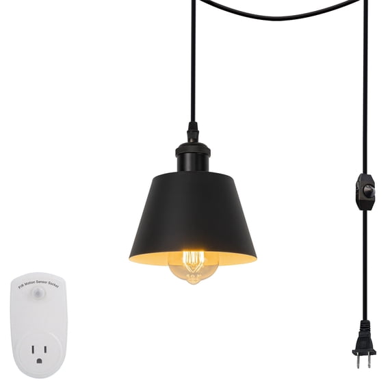 FSLiving Ceramic liner Lamp Socket Handle Pendant Lighting Swag with 15ft Plug-in Dimmer Switch Cord Motion Sensor Light Industrial Black MINI Cone Shape for Dining Room Sloped or Vaulted Ceiling