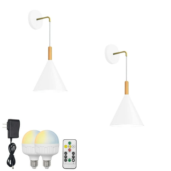 FSLiving Color Changing RGB Mode Wall Sconce Wireless Remote Control Lamps Rechargeable Battery Run Dimmable Modern Design Wood White Metal Light Fixture for Stairways Nightstand - Set of 2
