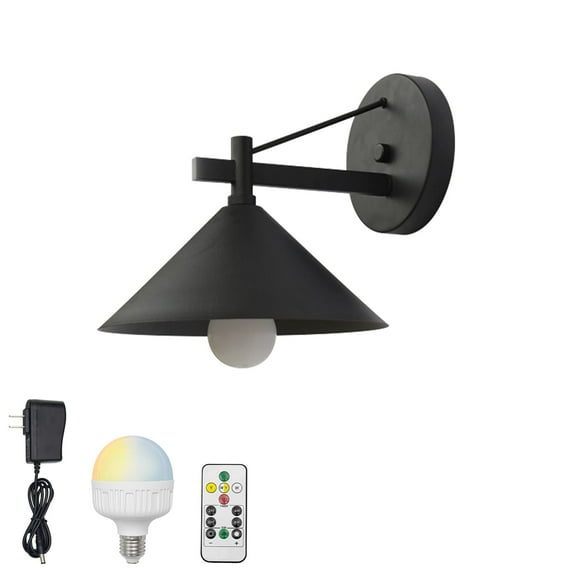 FSLiving Color Changing RGB Mode Wall Sconce Wireless Remote Control Lamps Rechargeable Battery Run Dimmable Retro Design Black Metal Light Fixture for Stairways Nightstand - 1 Lamp