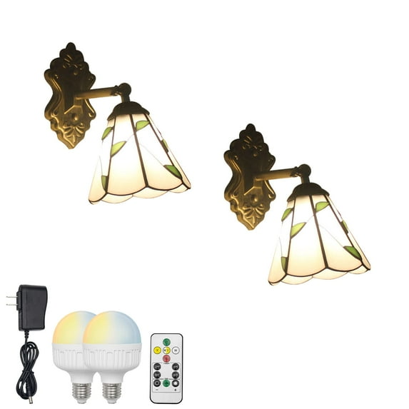 FSLiving Color Changing RGB Mode Wall Sconces Wireless Remote Control Lamps Rechargeable Battery Run Dimmable Retro Design Handmade Glass Tiffany Light Fixture Nightstand Wall Sconce - Set of 2