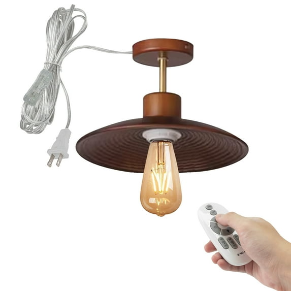 FSLiving Cone Shape Walnut Wood Hanging Light with 15ft Plug-in Cord Decorative Plug In Ceiling Light Remote Control Fixtures,Industrial Semi Flush Mount for Bedroom Living Room - 1 Pack