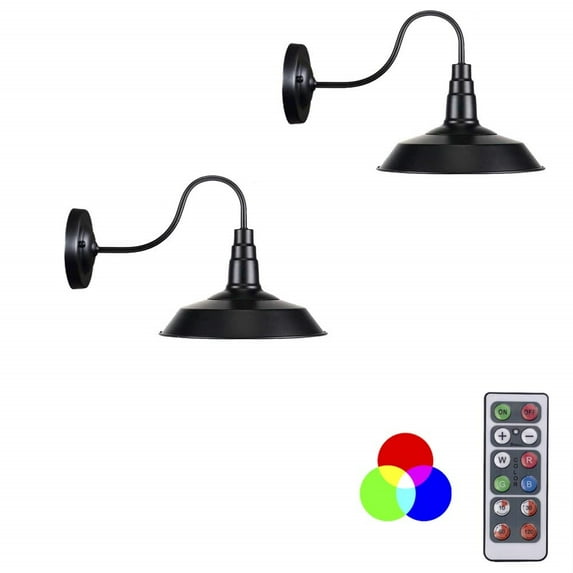 FSLiving Cordless Dimmable 1W LED White Light with RGB Color Battery Run Remote Control Color Changing Black Metal Wall Mounted Lighting for Decor Party,Easy to Install,Battery Not Included - 2 Lights