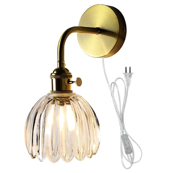 FSLiving Customizable Clear Grass Wall Sconces with Plug-in Cord Bedside Reading Light E26 Golden Base with Rotation Switch Industrial Wall lamp Fixture for Hallway Kitchen Island Bathroom Lighting