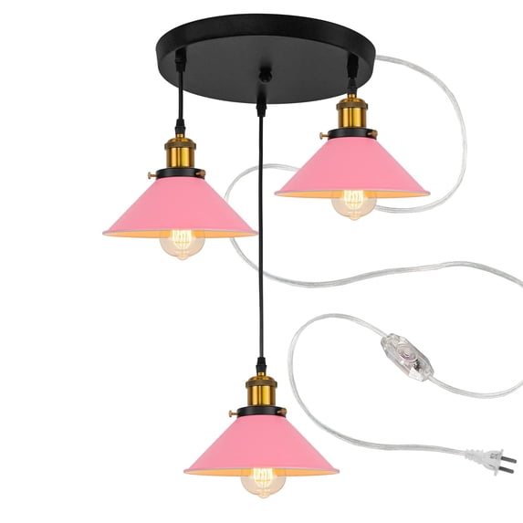 FSLiving Dimmable Chandelier No Wiring Needed Close to Ceiling Lights Fixtures with 3 Pendant Lights with 15ft Plug-in Cord Macaron Pink for Living Room Bedroom Kitchen Island - 1 Set