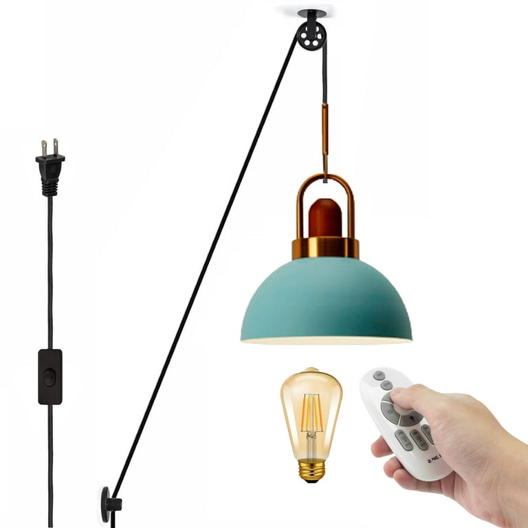 FSLiving Dimmable Color Changing Timer Swag Pendant Light with Industrial Pulley Design 15ft Plug in Cord Wheel Iron Macaron Light Blue Shade