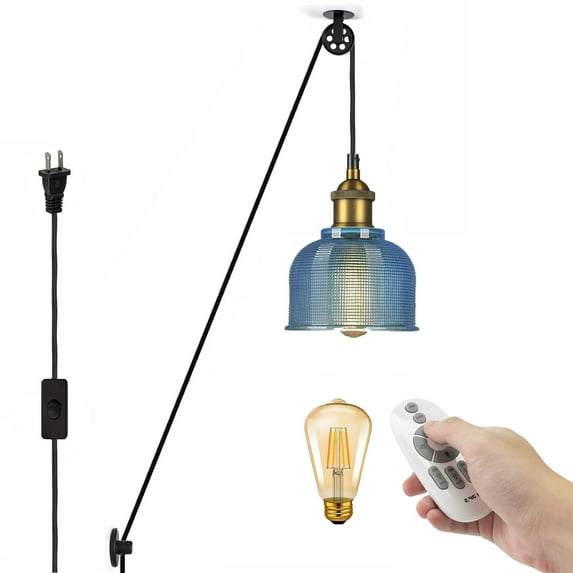 FSLiving Dimmable Color Changing Timer Swag Pendant Light with Industrial Pulley Design 15ft Plug-in Cord Wheel Nordic Style Blue Glass Shade Remote Control Chandelier for Slanted Ceiling - 1 Pack