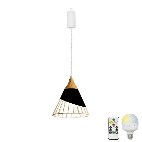 FSLiving Dimmable Hanging Light with Rechargeable Battery Operated LED RGB Bulb Semi-Hollow Black Shade Modern Style Pendant Light Color Changing Timing Lamp for Bar Party Courtyard Camping - 1 Lamp