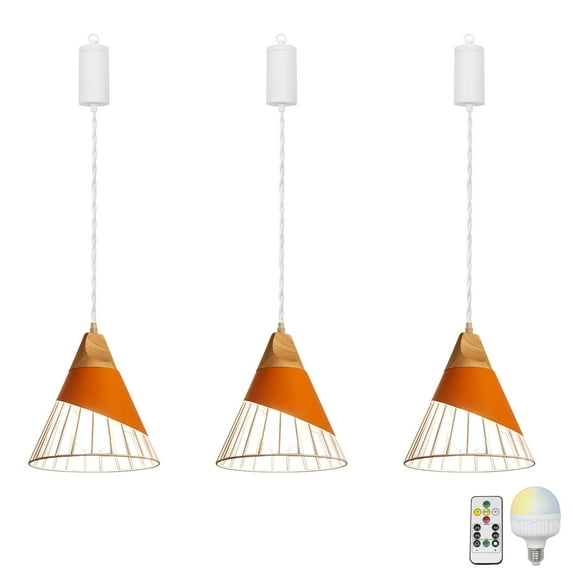 FSLiving Dimmable Hanging Light with Rechargeable Battery Operated LED RGB Bulb Semi-Hollow Orange Shade Modern Style Pendant Light Color Changing Timing Lamp for Bar Courtyard Camping - Set of 3