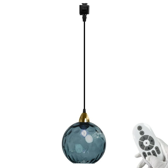 FSLiving Dimmable J Type Track Light Pendants Remote Control Modern E26 Socket Dark Blue Water Ripple Glass Globe Chandeliers Art Shade, Track Mount Industrial for Kitchen Island Customizable