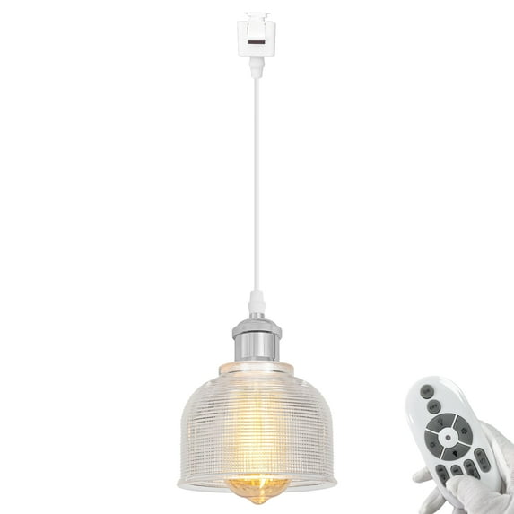 FSLiving Dimmable J Type Track Light Pendants Remote Control Silver E26 Socket Striped Clear Dome Shape Glass Shade 3.2 Ft, Track Mount Industrial for Kitchen Island Customizable