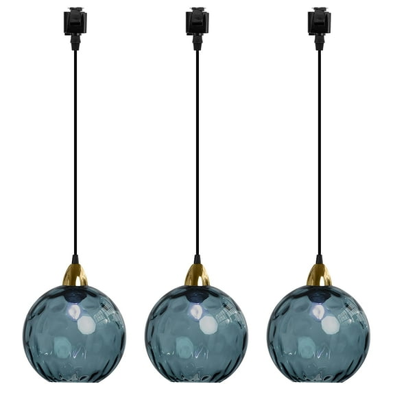 FSLiving Dimmable Juno Track Lighting Pendants, 3.2 Ft, J-Type Track Mounted Modern E26 Socket Dark Blue Water Ripple Hammered Glass Globe Chandeliers for Bar 3 Lights Kitchen Ceiling Customizable