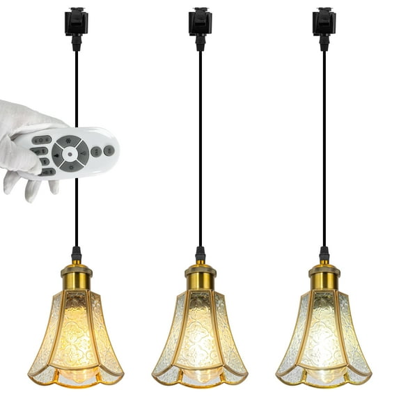 FSLiving Dimmable Juno Track Lighting Pendants, 3.2 Ft, J-Type Track Mounted Remote Control Modern Socket Embossed Clear Glass Cover Chandeliers for Bar 3 Lights Kitchen Ceiling Customizable