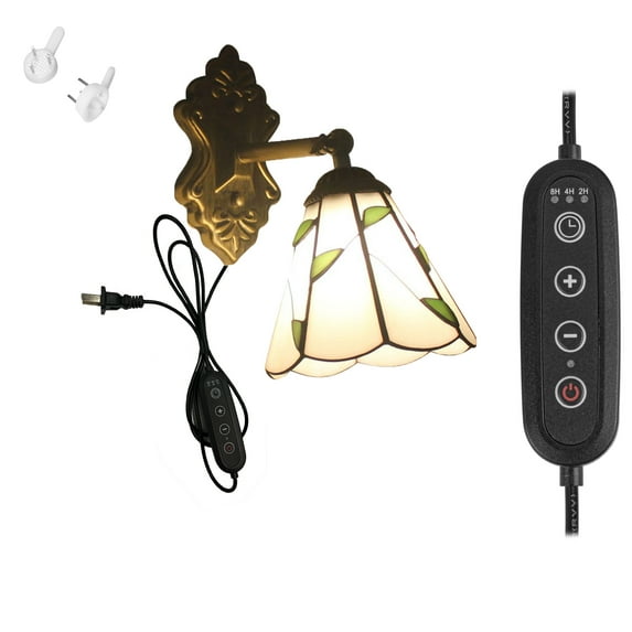 FSLiving Dimmable and Timing Wall Sconces with 5.9Ft UL Plug-in Black Cable Green Leaf Pattern Glass Tiffany Up and Down Rotated Retro Nightstand Lamp for Bedroom Study Room - 1 Lamp