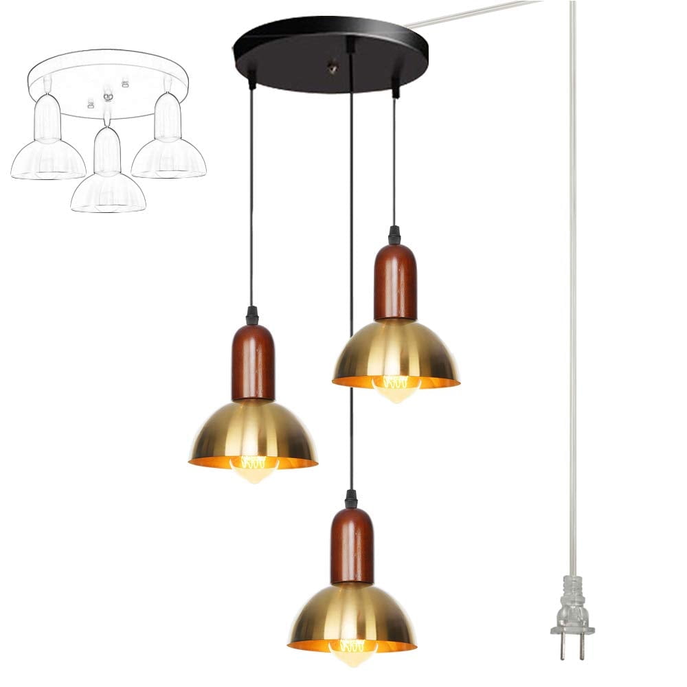 FSLiving No Drilling 3 Lights Gold Swag Pendant Light with 15ft Plug in UL Cord Island Chandelier Pendant Lighting Fixtures Hanging Ceiling Light for Kitchen Island Gallery Staircas Bar - 1 Set