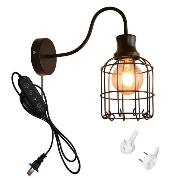 FSLiving No Drilling Adjustable Wall Sconces with UL Plug-in Timer Dimmer Cord Bedside Reading Light E26 with Black Iron Cage Lamp Shade Gooseneck Arm for Hotel Kitchen Bathroom Storage Room