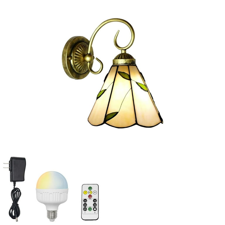 Fsliving Easy to Charge Install Remote Control Cordless Rechargeable Battery Run Dimming Green Leaf Shade Glass Metal Wall Sconce Vintage Design LED