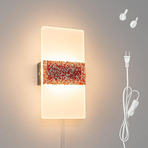 FSLiving Frosted Acrylic Wall Sconce Plug-in Cord, No Drilling LED Red Wall Hanging Lamp Rhinestones for Rustic Home Decor Backdrop Exhibition Stage Customizable,2700K Warm White - 1 Light