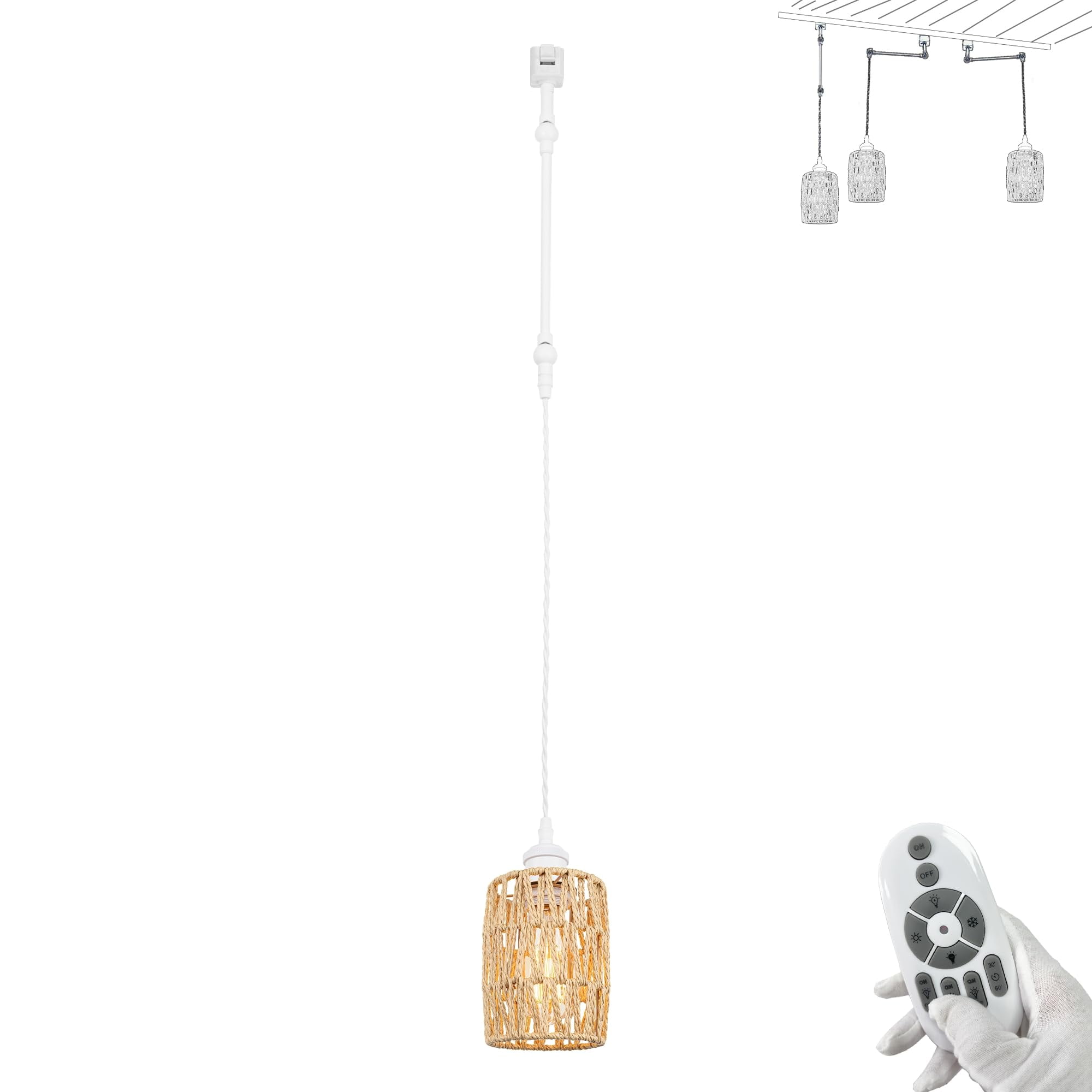 FSLiving Gimbaled LED Track Light, Adjustable Height J Type Track Lighting Modern Twine Natural Rattan, Smart Edison Bulbs, 2200K-6500K Track Mount Timer for Dinning Table Top Sloped Ceiling