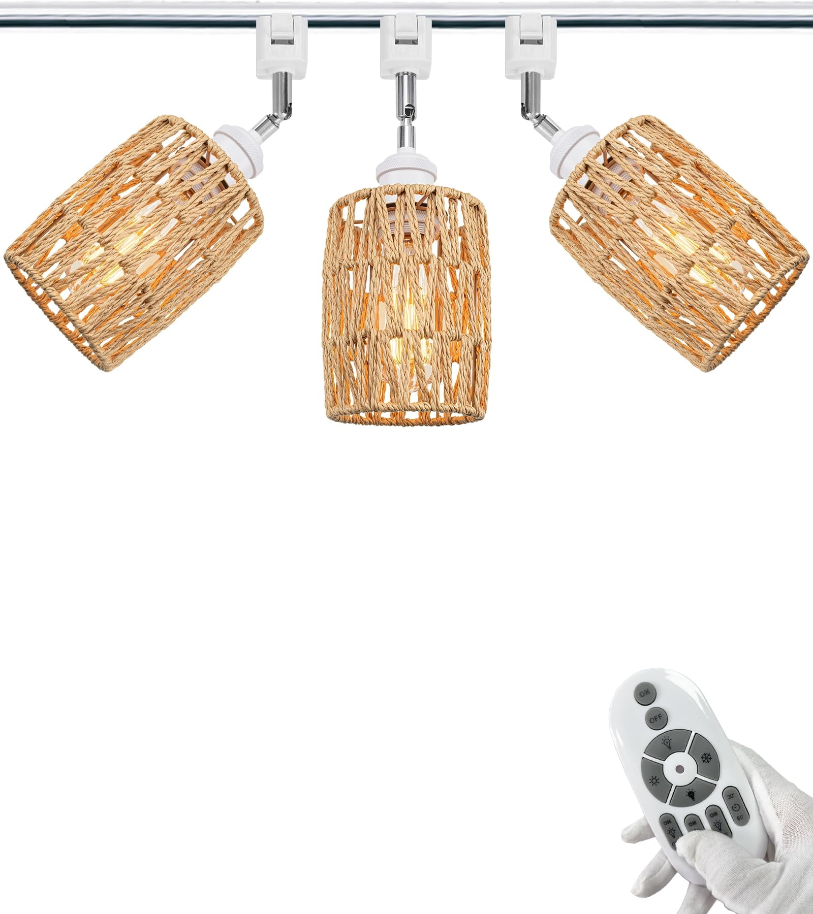 FSLiving Gimbaled LED Track Light, Adjustable Height Juno Track Pendants, J-Type Flexibly Rotatable Light Head, Twine Natural Rattan, E26 Smart LED Edison Bulbs for Island Sloped Ceiling