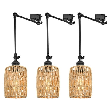 FSLiving Gimbaled LED Track Light, Adjustable Light Poles 2-Wire Track Pendants E26 Socket Pendant Lights, Twine Natural Rattan, Track Mount for Island Sloped Ceiling