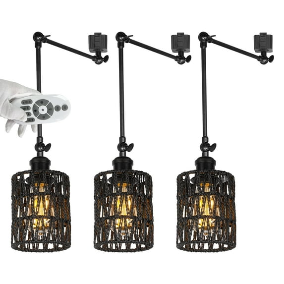 FSLiving Gimbaled LED Track Light,Adjustable Light Poles Halo Track Lighting Pendants H-Type Track Pendant Light Twine Natural Rattan Shade E26 Smart LED Edison Bulbs Black for Kitchen Island