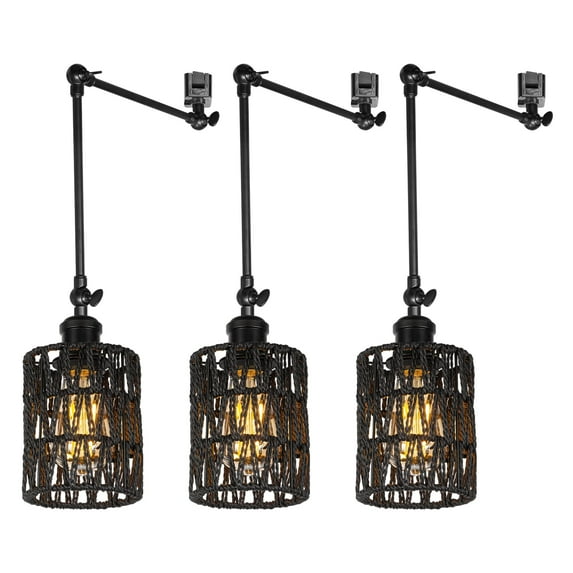 FSLiving Gimbaled LED Track Light, Adjustable Light Poles Juno Track Pendants, J-Type Track Pendant Lights, Black Twine Natural Rattan, E26 Socket Track Mount for Island Sloped Ceiling