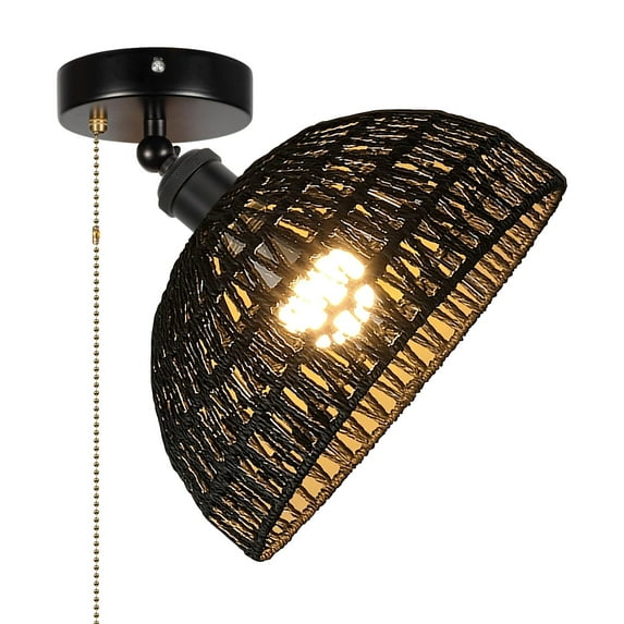 FSLiving Gimbaled Wall Light, Zipper Switch 12V RV Woven Natural Boho Rattan Dome Shape Hollow-Carved Black, Replaceable 2700K Bulb Included Semi Flush Mount Interior Lighting Decorative for Camper