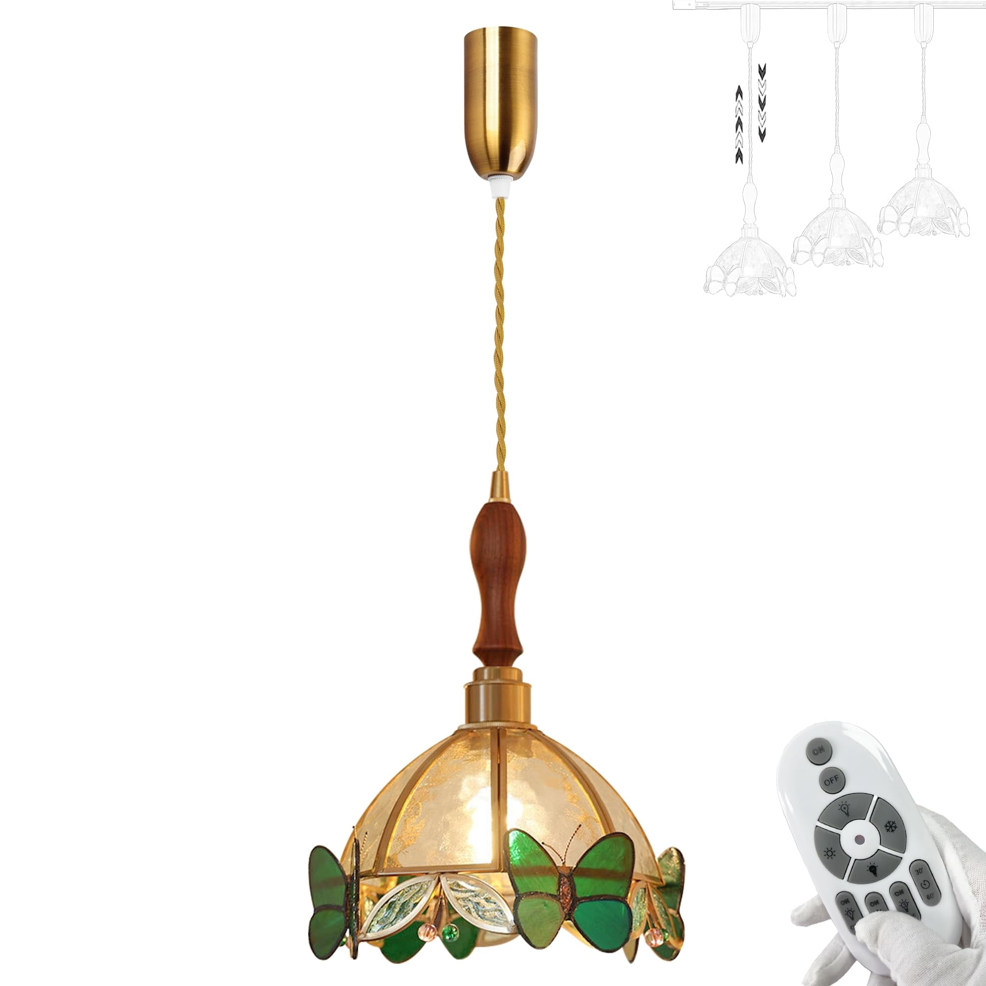 FSLiving Green Butterflies Stained Glass Shade Height Adjustable H Type ...
