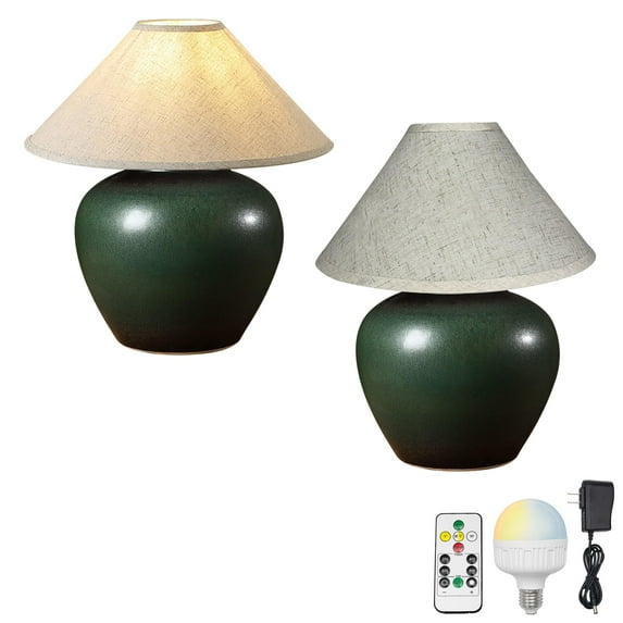 FSLiving Green Clay Pot Ceramic Table Lamp Textured Shade Tapered Shape Farmhouse Bedside Lamps Rechargeable Battery Operated RGB Bulbs by Remote, Wireless Timer, 15 Colors, for Livingroom