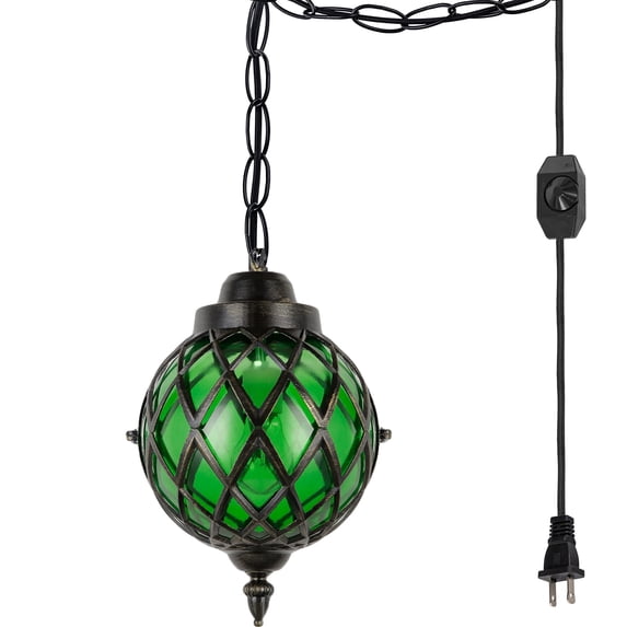 FSLiving Green Swag Lamp Portable Rustic Industrial Pendant Light with 15ft Plug-in UL Dimmable Black Cord Iron Chain Socket Cylinder Honeycomb Shades Globe Glass Lampshade,Customizable - 1 Light