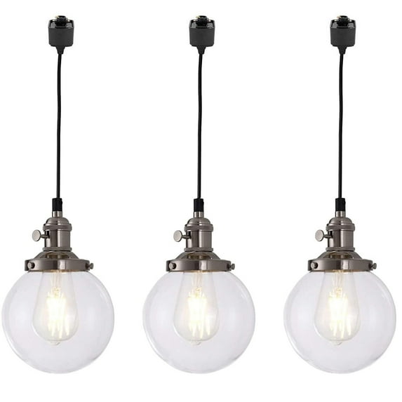 FSLiving H-Track Pendant Lighting Vintage Industrial Pendant Light Fixture with 5.9" Handmade Globe Clear Shade,Brushed Steel Socket - 3 Pack